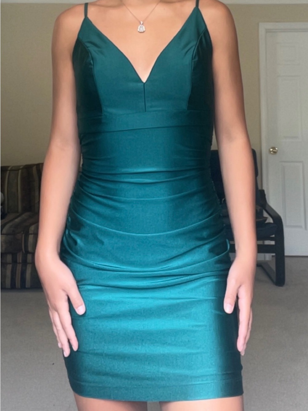 Windsor Teal Spaghetti-Strap V-Neck Bodycon Mini Dress